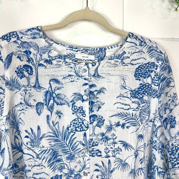 Nicole Miller Blouse Tunic 1X Blue White Linen Floral Long Sleeve Button Toile - Picture 14 of 16